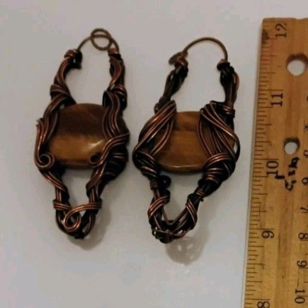Copper Wire Wrapped Tigers Eye Stone Ear Hangers Body Jewelry Pair